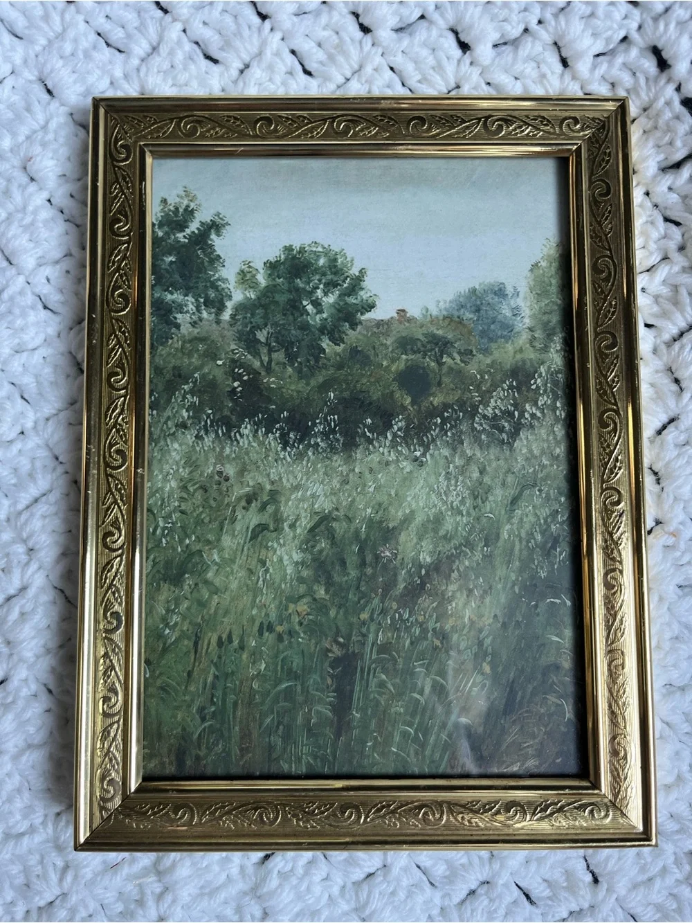 Gold Ornate Table Picture Frame with Green Landscape Art - solid brass